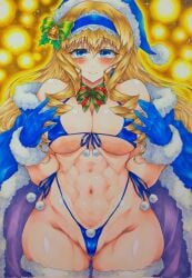 1girls abs big_breasts bikini blonde_hair blue_bikini blue_eyes blush bow breasts busty cameltoe cecilia_alcott child_bearing_hips christmas cleavage drill_hair female female_only gloves hairbow hat highres infinite_stratos large_breasts legs long_hair looking_at_viewer navel open_mouth partially_visible_vulva santa_costume santa_hat seductive_look seductive_smile sensual side-tie_bikini_bottom smile solo swimsuit thick_thighs thighs thong_bikini traditional_media underboob voluptuous wide_hips