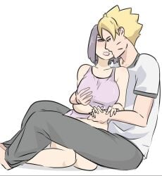 blonde_hair couple_sex grabbing_breasts huge_breasts kakei_sumire moaning_in_pleasure purple_hair room uzumaki_boruto wife_and_husband