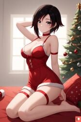 ai_generated arm_behind_head bed bedroom big_breasts black_hair blush christmas christmas_outfit christmas_tree grey_eyes looking_at_viewer multicolored_hair omega_weirdo patreon pose posing_for_the_viewer ruby_rose rwby seductive seductive_pose seductive_smile short_hair