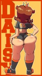 ass ass_cheeks ass_focus back_view booty_shorts fat_ass female gray_shorts light_skin mario_(series) nintendo orange_hair picknpull princess_daisy shorts sports_shorts sports_uniform thick_thighs