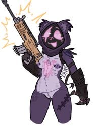 bear bear_ears bear_girl claws fn_scar fortnite fortnite:_battle_royale gloves glowing glowing_eyes gun hood hood_up naked naked_female nipple_piercing nipples nude nude_female pussy pussy_lips raven_team_leader raven_team_leader_(fortnite) rawriscruel