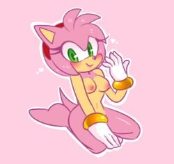 accessory amy_rose anthro areola biped blush bracelet breasts clothing eulipotyphlan featureless_feet feet female fur gloves green_eyes hair_accessory hairband handwear heart_symbol hedgehog jewelry kneeling mammal mostly_nude navel nipples pink_background pink_body pink_fur sega simple_background smile solo sonic_(series) sonic_the_hedgehog_(series) sweetpeach