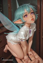 ai_generated aqua_hair barefoot fairy fairy_wings full_body latentlust mini_person minigirl petite pointy_ears purple_eyes short_dress short_hair small_breasts small_girl white_dress