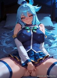 2026 ai_generated anime aqua aqua_(konosuba) bangs bare_shoulders bed blue_eyes blue_hair blue_shirt blue_skirt blush breasts cleavage commando covered_nipples covering covering_crotch crossover detached_sleeves eye_contact female female_focus female_masturbation female_only fingering flushed hair_accessory hair_ornament hair_rings highres huge_breasts kono_subarashii_sekai_ni_shukufuku_wo! konosuba large_breasts long_hair looking_at_viewer lying masturbation no_panties nsfw on_back on_bed patreon patreon_username pillow rognezart skirt smile smiling solo spread_legs thick_thighs thighhighs thighs very_long_hair white_thighhighs