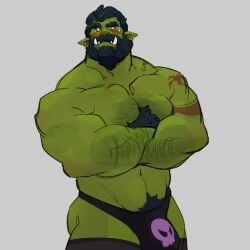 fares0teb 1boy averting_eyes bara beard black_hair black_panties black_thighhighs chest_tuft colored_skin connected_beard crossed_arms earrings ears_down facial_hair full_beard green_skin hairy highres jewelry large_pectorals male_focus mature_male monster_boy muscular muscular_male orc paggi_outfit panties pectorals pointy_ears ryder_(fares0teb) scar scar_on_face scar_on_forehead short_hair shy skull_print smoke_(fares0teb) solo sparse_chest_hair tattoo thick_arm_hair thick_beard thighhighs topless_male tribal_tattoo tusks underwear