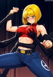 abs ai_generated arm_grab armpits bangle bare_arms bare_shoulders belt black_belt blonde_hair blue_eyes blue_mary blue_pants blush bob_cut bracelet breast_grab breasts buckle clothing covered_collarbone cowboy_shot crop_top denim disembodied_limb fatal_fury female grabbing grabbing_another's_breast grabbing_from_behind groping hair_intakes halterneck holding_another's_wrist jeans jewelry jousneystudio king_of_fighters king_of_fighters_xv large_breasts looking_down male medium_breasts midriff muscular_female navel necklace nose_blush pants red_shirt restrained shirt short_hair sleeveless sleeveless_shirt sleeveless_turtleneck snk solo_focus spread_legs standing stomach straight sweat taut_clothes the_king_of_fighters toned trembling turtleneck