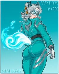ass back_view gradient_background marvel marvel_rivals mask seifortt tail watermark white_fox_(marvel) white_fox_(marvel_rivals)