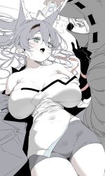 1boy 2girls absurdres amiya_(arknights) aqua_eyes arknights bare_shoulders black_hairband black_shorts blaze_(arknights) blaze_the_igniting_spark_(arknights) breasts collarbone commentary covered_navel doctor_(arknights) eye_contact grey_hair hair_spread_out hairband hand_on_another's_cheek hand_on_another's_face highres large_breasts long_hair looking_at_another lying male_doctor_(arknights) multiple_girls oerba_yun_fang on_back open_mouth shorts squeans tongue tongue_out tusyn very_long_hair