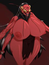 4_arms 8_eyes antennae_(anatomy) anthro areola arthropod belly big_breasts biped black_background blattodean bodily_fluids breasts clothing cockroach cursed_spirit curvy_figure female genitals heart_symbol hi_res insects jujutsu_kaisen kurourushi meowbox monster multi_arm multi_eye multi_limb navel pubes pubic_hair red_body red_eyes simple_background solo squish sweat tagme teeth thick_thighs