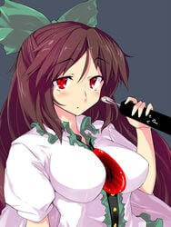 1girls batsu_(batuact3) blush bow breasts brown_hair censored cum ejaculation emoticon female hairbow handjob large_breasts light-skinned_female light_skin long_hair looking_at_viewer penis radiation_symbol red_eyes simple_background symbol-shaped_pupils touhou utsuho_reiuji