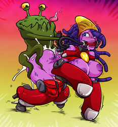 alien all_fours areola awesomenauts blue_eyes blue_hair coco_nebulon cum cum_explosion cum_inside derp female from_behind gradient_background green_body hair male monster penetration purple_body riding sex simple_background sparrow_(artist) straight tagme tongue tongue_out