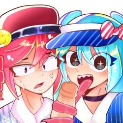 1:1 1boy 2girls aqua_hair blue_hair blush bow cap clothed clothed_female_nude_male clothed_sex embarrassed embarrassed_female female female_focus hat hatsune_miku hi_res highres itz_zekex kasane_teto kasane_teto_(sv) light_skin long_tongue male mesmerizer_(vocaloid) mesmerizer_miku mesmerizer_teto oral penis red_hair smooth_penis straight sweat tagme teeth twintails utau vocaloid white_background