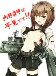 bike_shorts blush breasts brown_eyes brown_hair burnt_clothes crying crying_with_eyes_open female headband headgear highres kantai_collection looking_at_viewer navel nipples no_bra pinkuzira pleated_skirt short_hair skirt small_breasts solo taihou_(kantai_collection) tears thighhighs torn_clothes translated white_background