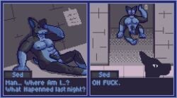 akadthefox alley ambiguous_gender anthro barazoku big_muscles big_pecs black_body black_fur blue_body blue_fur blush canid canine canis city comic dialogue dialogue_box digital_media_(artwork) dobermann domestic_dog embarrassed erection exhibitionism fur genitals half-erect hand_on_head hi_res humanoid_genitalia humanoid_penis hungover lost_clothes male male_only mammal morning_wood muscular nipples outside pecs penis pinscher pixel_(artwork) public sed_(akadthefox) sitting solo