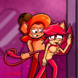 anal anal_sex anthro areola balls blush bodily_fluids breast_grab breasts cocoa_(sussytomato) coconut dialogue domestic_cat drupe_(fruit) duo fangs felid feline felis female food from_behind_position fruit genitals hand_on_breast haplorhine hi_res lindsey_(sussytomato) looking_at_another male mammal monkey navel nipples nude open_mouth penetration plant primate sex sussytomato tail tail_pull teeth tongue vulva