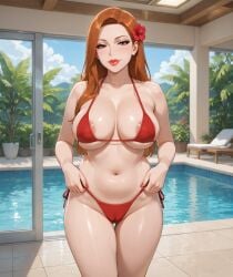 1girls adjusting_clothes adjusting_panties ai_assisted ai_generated areola_slip belly_button bikini breasts_apart cameltoe cleavage eyelashes female flower_in_hair ginger_hair grok hair_over_shoulder half-closed_eyes large_breasts light-skinned_female lipstick long_hair loose_hair lounge_chair micro_bikini midriff milf mommy nipple_outline pelvic_line poolside potted_plant red_bikini revealing_clothes rgomez007 seductive_look self_upload side-tie_bikini_bottom sideboob skimpy skimpy_clothes skindentation smiling_at_viewer solo_female stable_diffusion standing swimming_pool thick_lips thick_thighs underboob wide_hips