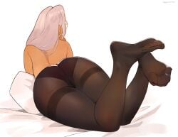 1girls 2026 adorable ass beautiful bedsheets big_ass black_legwear cute facing_away feet feet_up female_only foot_fetish foot_focus glasses gorgeous half_naked june_(squeezable) long_hair looking_away_from_viewer pantyhose pillow plain_background squeezable thick_thighs toes white_background white_hair