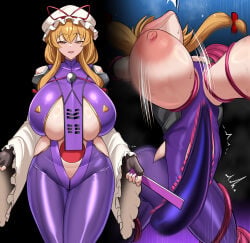 1girl absurdres adapted_costume alternate_breast_size_(larger) alternate_costume black_gloves blonde_hair bodysuit bow breasts clothing_cutout commentary_request fingerless_gloves folding_fan gap_(touhou) gloves half-closed_eyes hand_fan hat hat_ribbon head_back highres holding holding_fan huge_breasts long_hair mob_cap multiple_views nipples open_mouth purple_bodysuit rape red_ribbon restrained ribbon sidelocks sinkai smile tabard taimanin_suit tentacle_sex tentacles tentacles_under_clothes touhou yakumo_yukari yellow_eyes yukari_yakumo