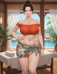 1girls ai_generated bangle belly_button black_hair busty curtains earrings eyelashes female floral_print hair_bun hair_strand half-closed_eyes hand_on_hip knees large_breasts light-skinned_female lipstick lounge_chair massage_table masseuse midriff milf necklace nipple_outline nipples_visible_through_clothing off_shoulder one_hand_on_hip palm_leaf pelvic_line poolside potted_plant rgomez007 sarong seductive_look self_upload smiling_at_viewer solo_female stable_diffusion standing swimming_pool thick_lips thick_thighs updo voluptuous wide_hips