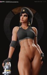 3d abs black_eyes black_hair blender bottomless bra clothing dark-skinned_female dark_skin egyptian egyptian_female female female_pubic_hair fingerless_gloves gloves going_commando high_resolution looking_away military military_hat muscles muscular muscular_female no_panties nopan overwatch pharah pharah-best-girl pubic_hair rocket_launcher sports_bra underwear weapon