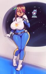 brown_hair dark-skinned_female huge_breasts keyforge oc sci-fi skin_tight supersatanson