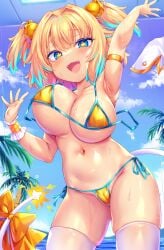 +_+ armpits bikini blonde_hair blue_eyes blue_hair bombergirl breasts commentary_request fangs female highres large_breasts looking_at_viewer multicolored_hair navel open_mouth paid_reward_available pine_(bombergirl) short_hair smile solo swimsuit thighhighs toraishi_666 white_thighhighs yellow_bikini yellow_pupils