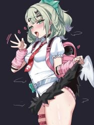 1girl angels_of_delusion arm_warmers backpack bag bandaid bandaid_hair_ornament black_background black_skirt blowjob_gesture breasts clothes_lift commentary_request fellatio_gesture green_eyes green_hair hair_ornament highres hoyoverse lengkuass lifting_own_clothes looking_at_viewer necktie open_mouth panties pink_arm_warmers ponytail randoseru red_necktie shirt simple_background skirt skirt_lift small_breasts solo standing striped_arm_warmers striped_clothes striped_panties sunna_(zenless_zone_zero) thighs tongue tongue_out underwear white_shirt x_hair_ornament zenless_zone_zero