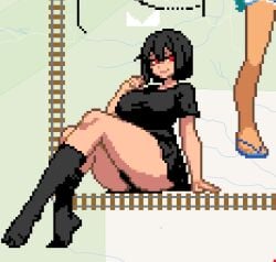 1girls bangs_between_eyes big_breasts black_hair black_pleated_skirt black_shirt black_skirt black_socks character_request copyright_request hair_between_eyes large_breasts pixel_art pleated_skirt red_eyes short_hair sitting skirt smile smirk snoopears724 socks solo_focus tagme thick_thighs wplace wplace_(artwork)