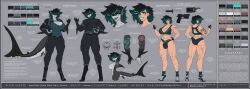 abs absurd_res anthro aquatic blair_harper_(bayonetboy13) blue_border blue_eyes boots border breasts bulge cleavage clothed clothing electronics english_text eye_scar facial_scar fish footwear gun gynomorph handgun hi_res human intersex knife mammal model_sheet muscular muscular_gynomorph muscular_intersex radio ranged_weapon scar shark shark_tail shoes solo sportswear tattoo text weapon werecreature werefish wereshark wmdiscovery93