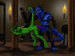 anthro ass blue_body bondage bound bridle chains clothes cuffs domination dragon dungeon from_side furniture furry gay green_body hanging_by_tail harness imminent_rape imminent_sex leash leather male master mrawrsome no_humans paws penis raised_tail slave submissive suspension tail_grab testicles torch wet