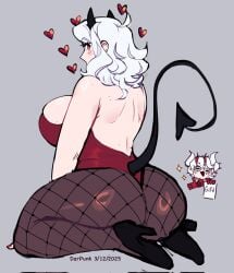 2girls ass back_view beelzebub_(helltaker) big_ass big_breasts blush blush_lines breasts darpunk dated demon_girl demon_tail fishnets floating_heart from_behind grey_background heart heart-shaped_pupils heart_symbol helltaker high_heels horns huge_ass huge_breasts kneeling large_ass large_breasts light-skinned_female light_skin looking_at_viewer looking_back medium_hair modeus_(helltaker) simple_background skindentation tail thick_thighs thighs white_hair
