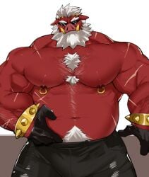 male male_only bara muscles muscular barazoku furry anthro zenless_zone_zero big_daddy_(zenless_zone_zero) sus_(pig) suina facial_hair beard tusks sunglasses white_hair red_skin solo solo_male nongnakk shirtless flaccid bulge body_hair nipple_piercing chest_hair