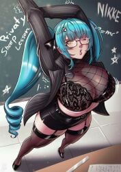 1girl 1girls aqua_hair arms_up big_breasts black_footwear blue_hair bra breasts cleavage clothing female female_only from_above garter_straps glasses goddess_of_victory:_nikke hair_ornament jacket long_hair looking_at_viewer miniskirt one_eye_closed privaty_(nikke) privaty_(sharp_lesson)_(nikke) skirt solo standing star_(symbol) stockings teacher thick_thighs thighhighs underwear valenvenge yellow_eyes