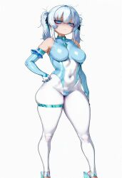 ai_generated blue_eyes bodysuit commission dungeons_and_dragons eye_bags eyeshadow high_heels hitomi_twins latex leotard lily_buns mage oblivion oc original shiny shiny_clothes short_girl shortstack sideboob skin_tight skyrim the_elder_scrolls thick_ass thick_legs thick_thighs thigh_strap thong thong_leotard tight_clothes tight_clothing white_hair