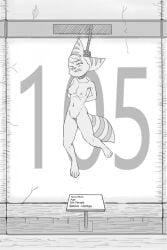4_toes anthro bound breasts clenched_teeth dipindu dying execution feet female grimace hanged hi_res killing lombax mammal markings medium_breasts natural_breasts navel nipples noose nude on_display one_eye_closed ratchet_and_clank ribs ring_(marking) ringed_tail rivet_(ratchet_and_clank) solo sony_corporation sony_interactive_entertainment striped_ears striped_markings striped_tail stripes tail tail_markings teeth toes