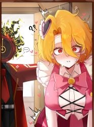 1girls 1other black_gloves black_shirt blonde_hair blush bow bowtie breasts clock coat collared_shirt dante_(limbus_company) don_quixote_(limbus_company) e.g.o_(project_moon) female fire gloves hair_between_eyes heart imminent_sex in_the_name_of_love_and_hate_(e.g.o) large_breasts limbus_company long_sleeves looking_at_viewer magical_girl necktie object_head official_alternate_costume ohing pants parted_bangs pink_skirt project_moon red_coat red_eyes red_necktie ribbon sancho_(limbus_company) shirt short_hair skirt