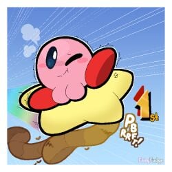 ambiguous_gender artist_name blue_background blue_eyes blush border breath casual_pooping digital_media_(artwork) embarrassed fairyfudge feces first_place gradient_background heart_symbol hi_res kirby kirby_(series) kirby_air_riders male_(lore) motion_lines nintendo one_eye_closed pink_body scat scatplay simple_background solo sound_effects star text vowelless vowelless_sound_effect warp_star white_border