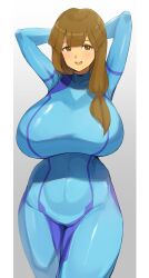 1girls 2d absurd_res arms_up brown_eyes brown_hair curvaceous female female_focus female_only goldie_lemmon highres hourglass_figure inazuma_eleven inazuma_eleven_(series) inazuma_eleven_go inazuma_eleven_go_chrono_stone large_breasts level-5 looking_at_viewer looking_pleasured milf mommy plump ruruo samus_aran_(cosplay) tight_bodysuit voluptuous_female wide_hips