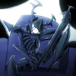 1:1 2025 ambiguous_gender anthro antlers artist_request artist_signature black_body black_hair bodily_fluids deltarune deltarune_chapter_3 detailed_background digital_media_(artwork) drooling eyeless goes_hard hair hi_res holding_object holding_weapon horn looking_at_viewer melee_weapon open_mouth papyrus rib_cage roaring_knight saliva short_hair signature sitting skeletal smile solo sparkles suggestive suggestive_pose sword undertale_(series) weapon