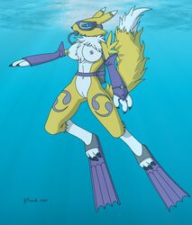 2009 3_fingers 3_toes anthro black_nose breasts bubble canine chest_tuft claws color digimon eyewear female female_only footwear fox fur furry_breasts furry_ears furry_tail goggles mammal nipples nude pointy_ears pussy raised_tail renamon scuba_gear solo strikersa swimming_fins tail underwater water white_fur yellow_fur