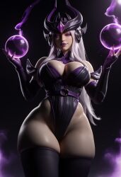 3d ai_assisted ai_generated curvy curvy_figure headgear headwear league_of_legends long_hair looking_at_viewer peachylilli riot_games solo solo_female solo_focus stockings syndra thick_legs thick_thighs thighhighs