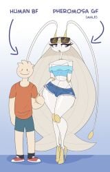 1femboy 2boys antennae_(anatomy) black_eyes blush blush_lines bottomwear bulge closed_smile clothed clothing crop_top crossdressing crown directional_arrow duo english_text eyelashes eyeshadow eyewear eyewear_on_head femboy footwear generation_7_pokemon hair hand_holding headgear hi_res high_heels hotpants human larger_femboy larger_male lips lipstick long_antennae long_hair makeup male male/male male_pheromosa mammal mouth_closed nintendo otoko_no_ko otokonoko pheromosa pokemon pokemon_(species) purple_eyes shirt shoes shorts simple_eyes simple_face size_difference small_waist smaller_male smile sunglasses sunglasses_on_head tagme text thick_eyelashes thick_lips thick_thighs tiara topwear trans_woman ultra_beast venela white_body white_hair white_skin wide_hips yellow_lips yellow_lipstick
