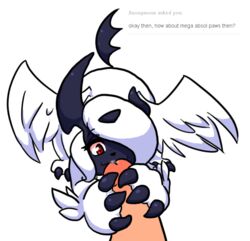 absol english_text female furry human humanoid_penis jigglybutts mega_absol nintendo pawjob penis plain_background pokemon pokemon_(species) pokemon_xy pokephilia precum red_eye simple_background text video_games white_background white_fur wings