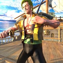 1boy 3d 3d_(artwork) bara bara_tiddies bara_tits barazoku beefy bigger_male broad_shoulders bulge bulge_under_clothes dressed earrings frown gay green_hair hanxulz haramaki hunk japanese_male male male_focus male_only manly masculine_male muscles muscular muscular_male one_piece penis_bulge pirate roronoa_zoro scar scar_across_eye scar_on_chest scar_on_face scars ship_deck smile solo solo_focus solo_male swords swordsman tough_guy waves yaoi zoro zoro_(one_piece)