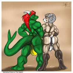 2008 aaron_(artist) anthro anus ass back balls biceps big_balls big_muscles bighorn_sheep caprine cum cum_on_floor dragon fur furry gay green_dragon half-closed_eyes horn long_hair male muscles no_humans nude pose precum presenting_hindquarters ram rammy_aaron red_hair sabrewing_(character) scales skin smirk standing stare