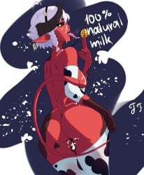 1girls ass ass_focus big_breasts black_lips black_lipstick breasts calico_(trevobutevil) cow_horns cow_outfit cum cum_between_thighs cum_on_body cum_on_breasts cum_on_face cum_on_hair cum_on_tongue demon demon_girl demon_horns demon_tail fan_character female female_focus female_only freakface high_resolution highres horn long_ears long_tail long_tongue looking_at_viewer looking_back necklace no_ai open_mouth original_character piercing pink_nipples pointy_ears red_body red_skin saliva simple_background solo succubus succubus_horns succubus_tail thicc_thighs thick_thighs tongue_out white_hair