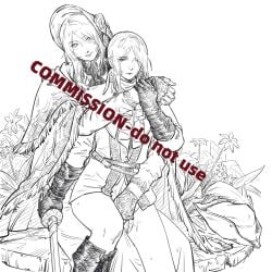 ahab1793 bloodborne fromsoftware lady_maria_of_the_astral_clocktower plain_doll yuri female female_only female_focus suggestive implied_sex clothed clothes clothing clothed_sex no_pants no_panties dominant_female submissive_female gloves vaginal vaginal_sex vaginal_fingering fingering slick cum cum_on_fingers sword long_hair hat selfcest commission