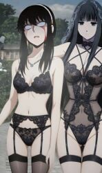 2girls ai ai_assisted ai_generated black_bra black_hair black_lingerie black_panties black_underwear defeated defeated_heroine dominant dominant_female domination femdom grabbed_by_hair grabbed_from_behind grabbing_from_behind grok grok_(x) grok_ai osaragi_(sakamoto_days) ryona sakamoto_days spy_x_family thorn_princess unconscious yor_briar yor_forger
