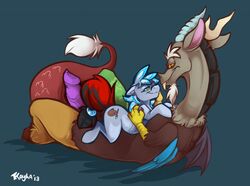 beard chimera cuddling cutie_mark discord_(mlp) equine facial_hair fangs female feral friendship_is_magic grin horn horse hybrid kayla-na lying male my_little_pony naoma penis pony smile uncensored wings