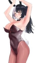 1girls animal_ears arms_up black_hair black_leotard blush bow bowtie breasts brown_legwear bunny_ears bunny_girl bunny_tail bunnysuit cleavage detached_collar fake_animal_ears female female_only hololive hololive_english large_breasts leotard long_hair looking_at_viewer pantyhose parted_lips shiori_novella solo strapless strapless_leotard sweat tail white_background